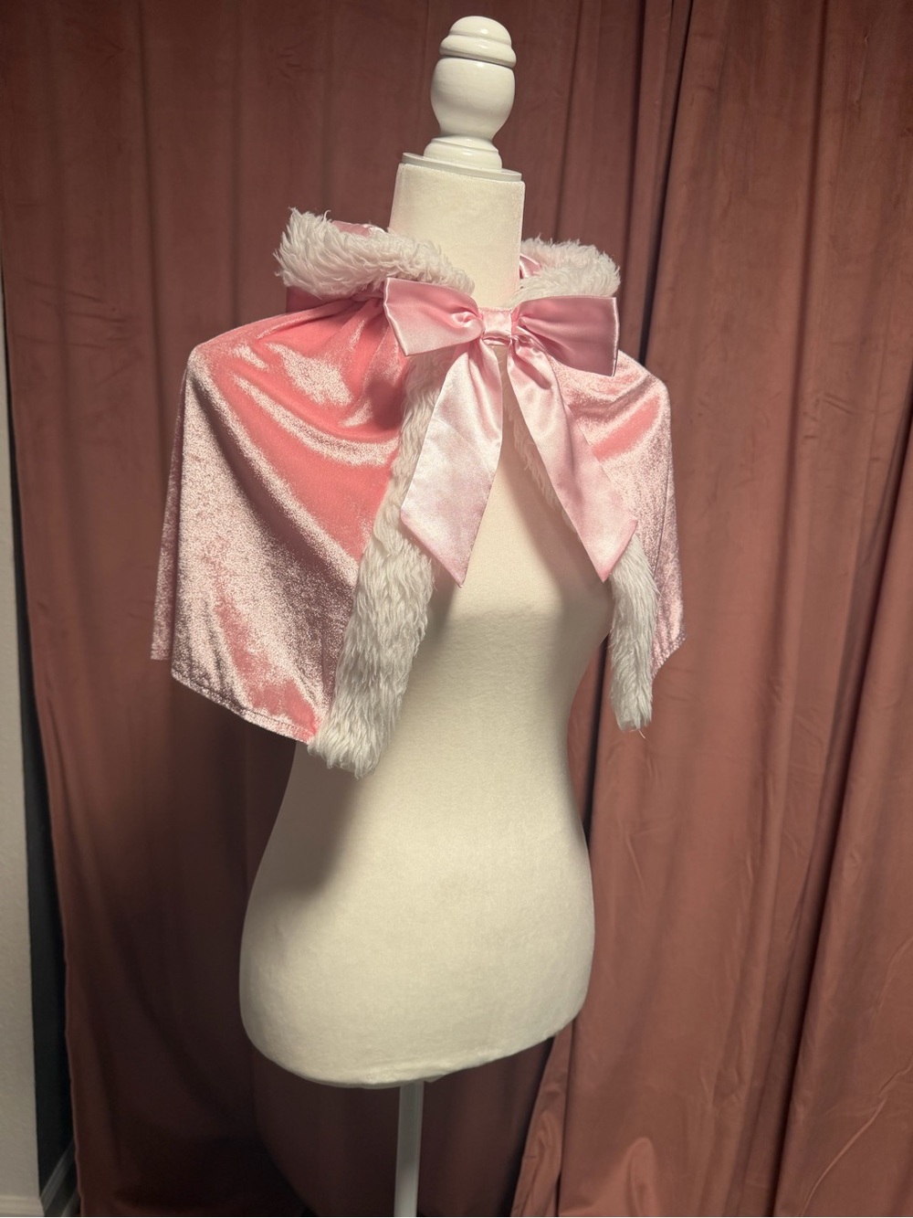 Pink Faux Fur Velvet Capelet with Bow